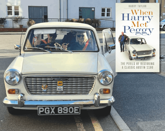 Author Harry and his wife Marylin in Peggy, the Austin 1100 he restored.