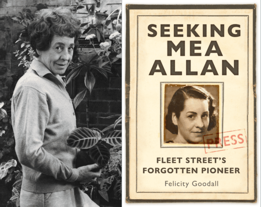 Mea Allan alongside book cover of 'Seeking Mea Allan'