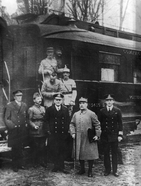 November 11 1918 - Signatories to the Armistice with Germany (Compiègne), pose outside Marshal Foch's railway carriage