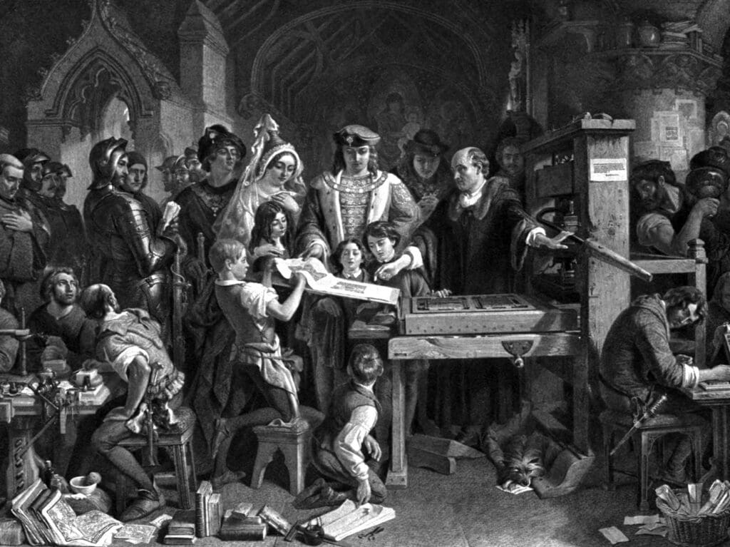 Daniel Maclise Caxton showing the first specimen of his printing to King Edward IV at the Almonry, Westminster