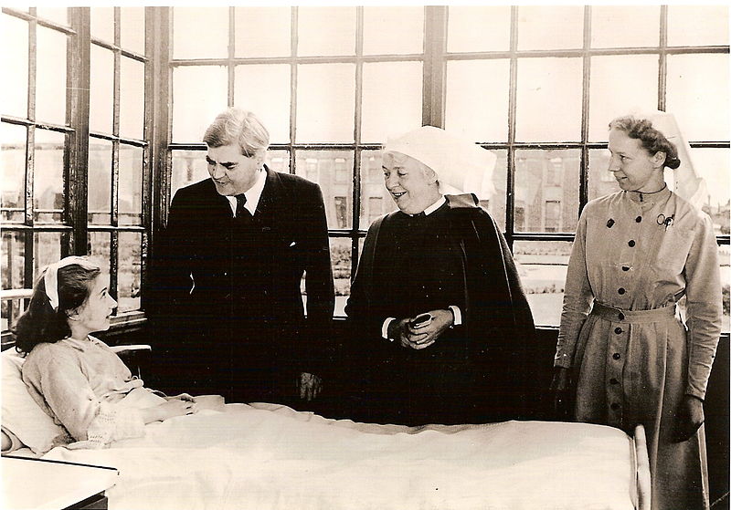 Anenurin Bevan on the first day of the National Health Service, 5 July 1948 at Park Hospital, Davyhulme