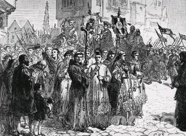 Black and white illustration of the Pilgrimage of Grace