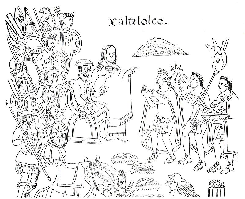 La Malinche and Hernán Cortés in the city of Xaltelolco, in a drawing from the late 16th-century codex History of Tlaxcala