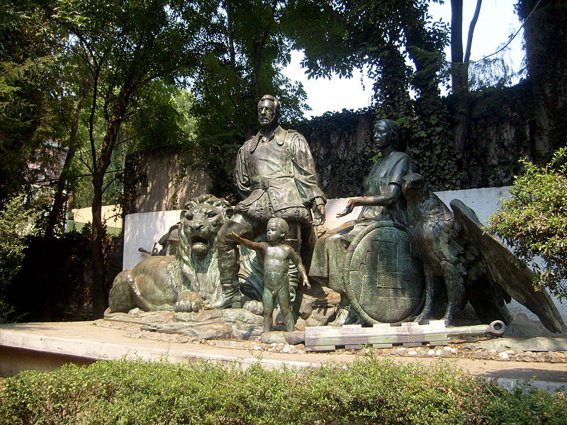 A statue of Cortés, La Malinche, and their son Martín in Mexico